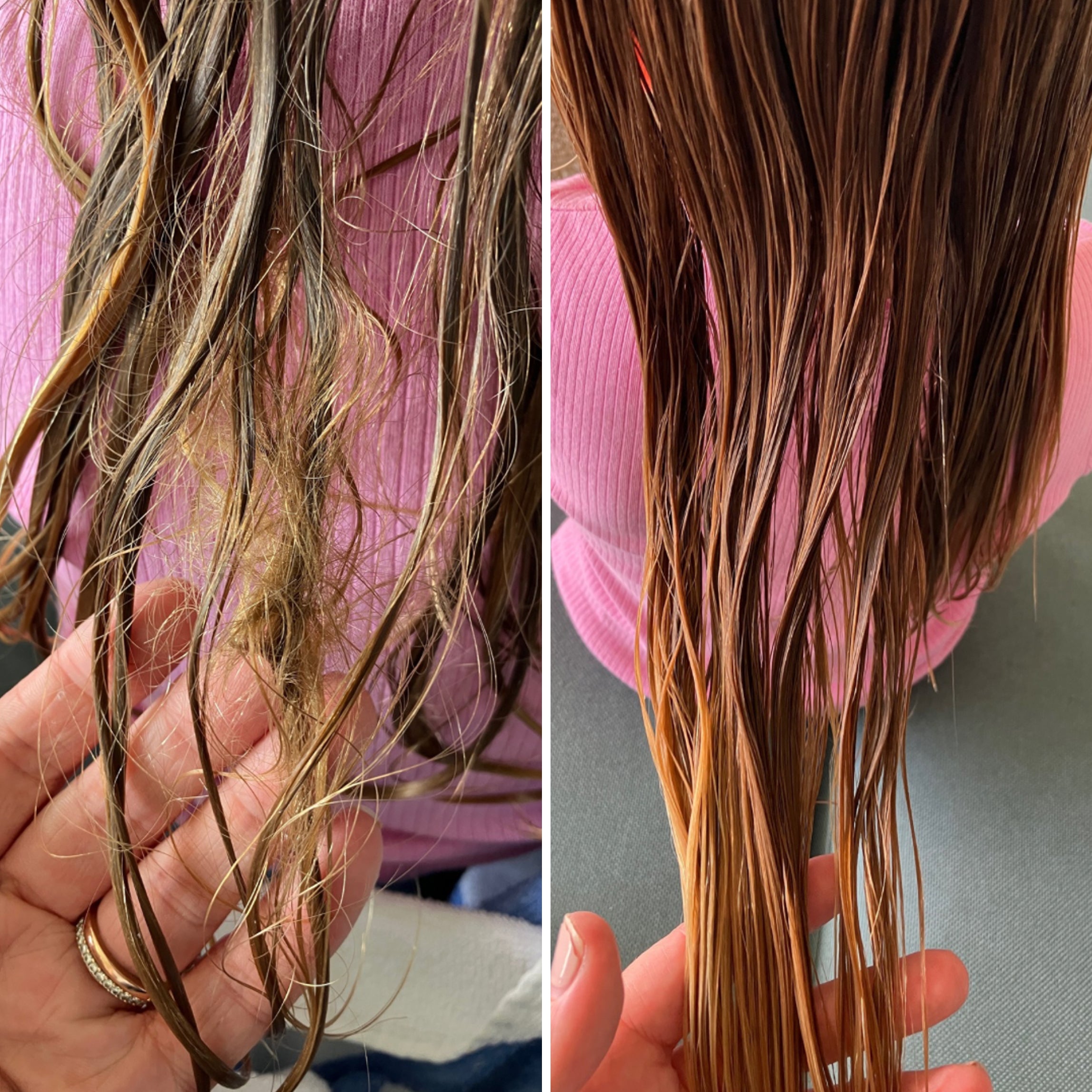 Before and after image of knotted hair that has been detangled using Bloom Squad Detangling Haircare for kids. 