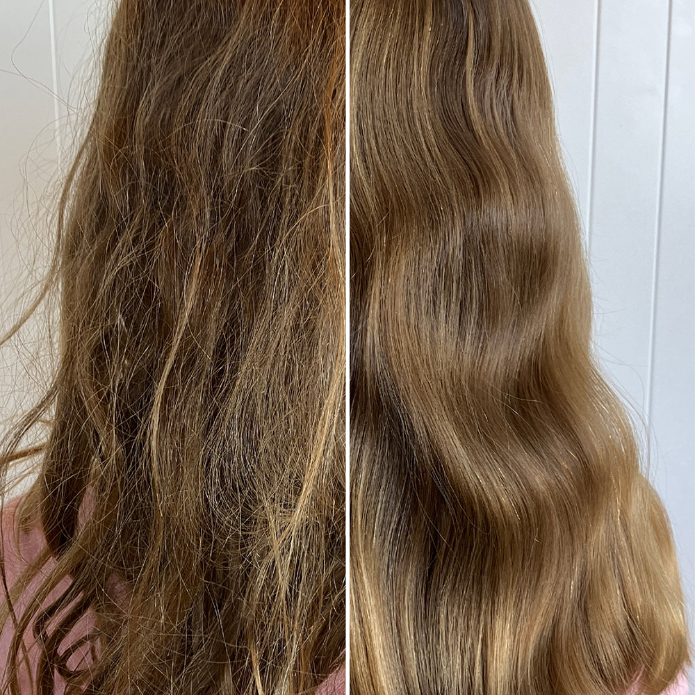 A child's hair shows results of Lil Smoothie kids Shampoo and Conditioner. Before image shows tangled hair. After image shows silky, smooth hair.